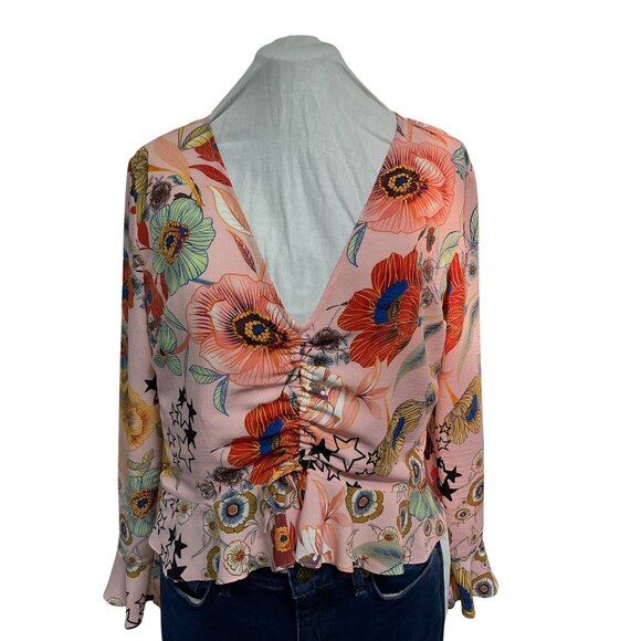Topshop Floral Print Long Sleeve V-Neck Ruched Peplum Blouse Size S - Picture 3 of 6